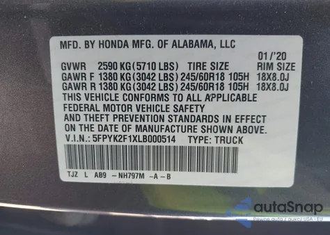 2020 Honda Ridgeline 2Wd Sport из США, поврежденный, VIN 5FPYK2F1XLB000514